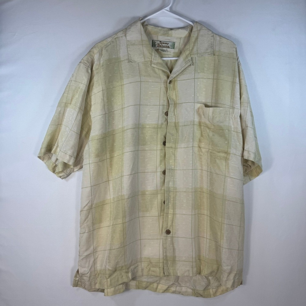 Tommy Bahama Mens Large 100% Silk Short Sleeve Plaid Camp Shirt Sage Green Cream